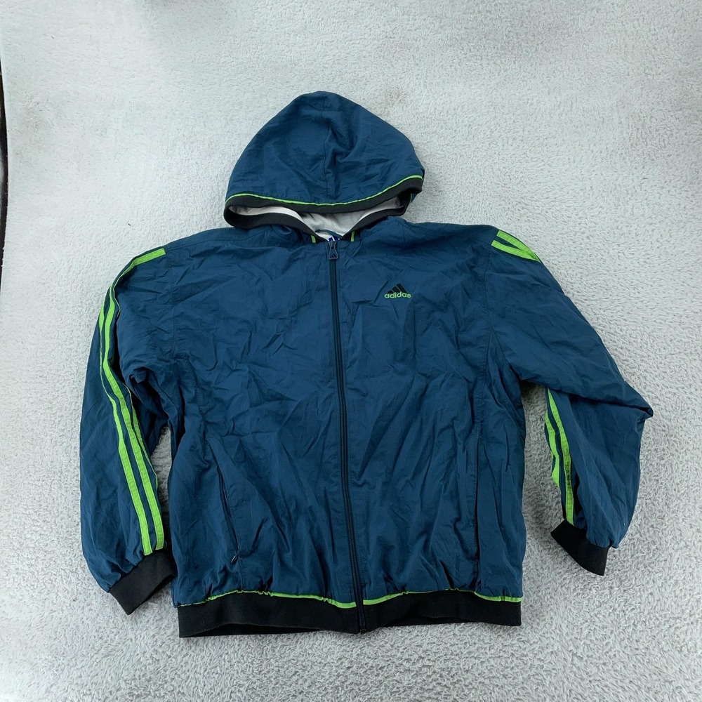 Vtg Adidas Hooded Windbreaker Jacket Mens L CROP FIT Blue Green Zip Three Stripe